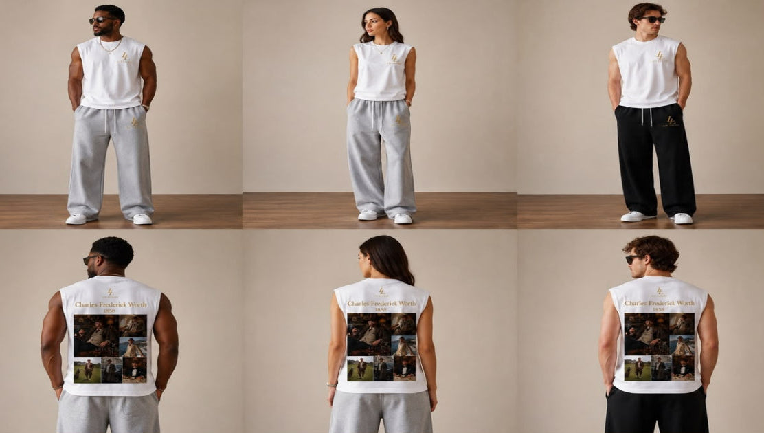 Six-panel studio collage showing a model from front and back wearing a sleeveless white graphic top and light pants against a beige backdrop with wood flooring.